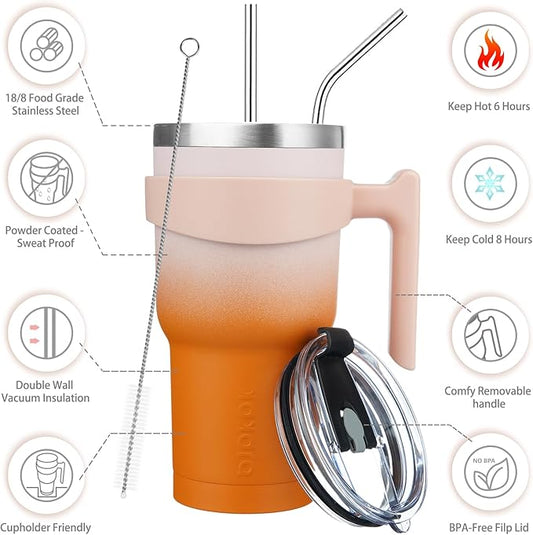 BJPKPK 30 oz Tumbler With Handle And Straw Stainless Steel Insulated Tumbler With Lid Reusable Metal Coffee Cups,Coral