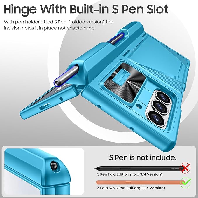 for Samsung Galaxy Z Fold 6 Case with Card Holder RFID Blocking & S Pen Holder& Slide Camera Cover& Hinge Protection& Full-Body Rugged Shockproof Wallet Case for Galaxy Z fold 6,Lake Blue