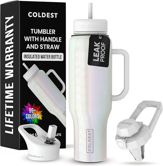 Coldest Tumbler with Handle and Straw Lid | 3 Lids Insulated Reusable Stainless Steel Water Bottle Travel Mug | Gifts for Women Him Her | Limitless Collection (46 oz, Cosmic Ice Glitter)