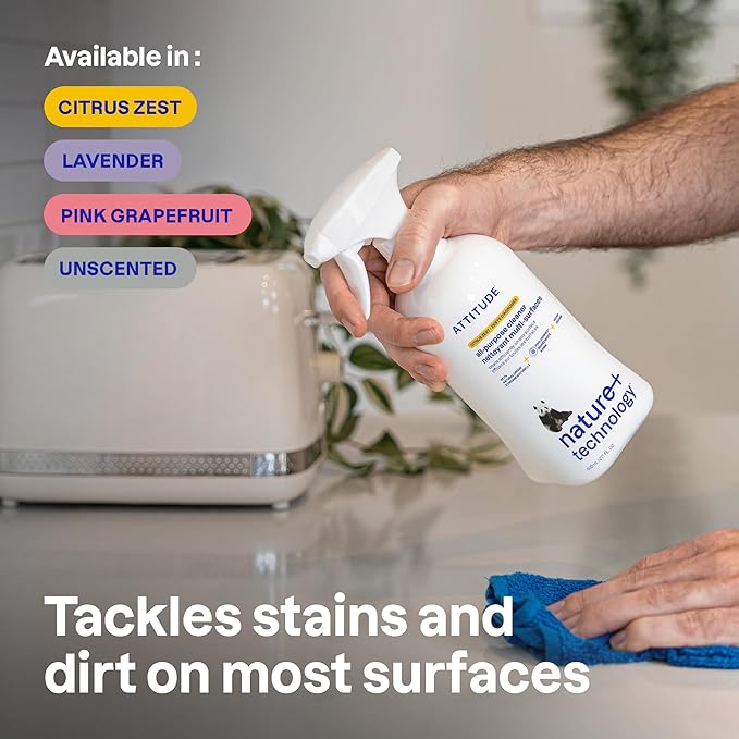 ATTITUDE All Purpose Cleaner Spray, EWG Verified, Vegan, Made with 94% Plant-Based Ingredients, Streak-Free for Kitchen, Bathroom, Glass & More, Lavender Scent, 27.1 Fl Oz (Pack of 6)