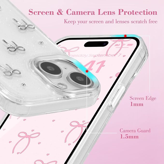 EYZUTAK Case for iPhone 13/iPhone 14, Bling Glitter 3D Bowknot Phone Case Cute Sparkly Crystal Clear Bow Aesthetic Design Case Slim Soft Durable TPU Transparent Protective Cover for Women Girls - Bow