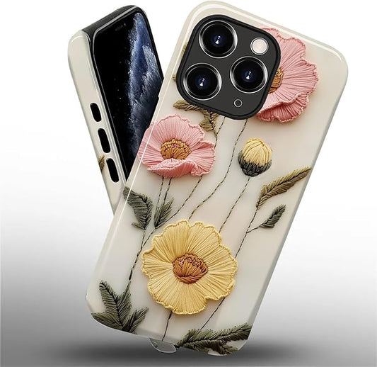 Case for iPhone 11 Pro Case,Faux Embroidery Boho Floral Design - Hybrid Dual Protection Silicone + Hard PC Shockproof Full Body Cover Slim Anti-Scratch Protective Case for Men Women