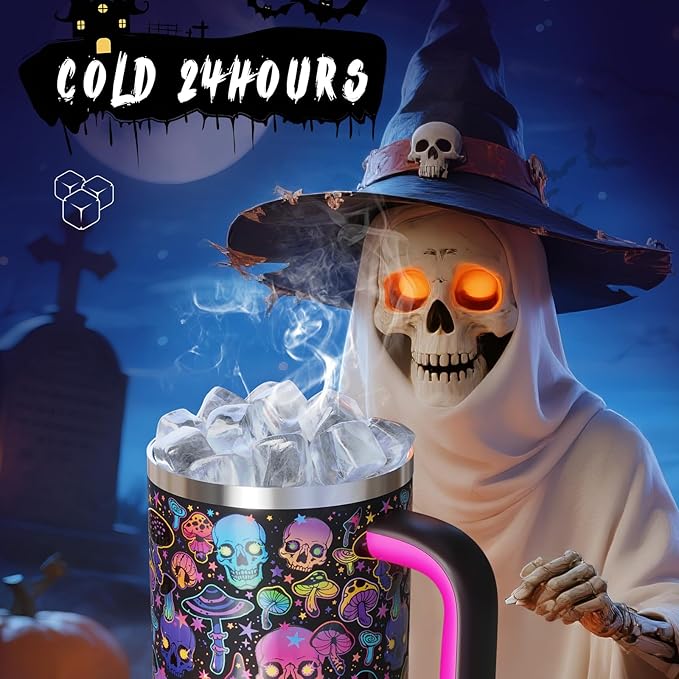 40oz Halloween Tumbler with Handle and Straw, Stainless Steel Insulated Water Bottle with Straw, Leak-Proof, Cup Holder Friendly, Keeps Cold 24 H, Gifts for Women Men, Trippy Skulls
