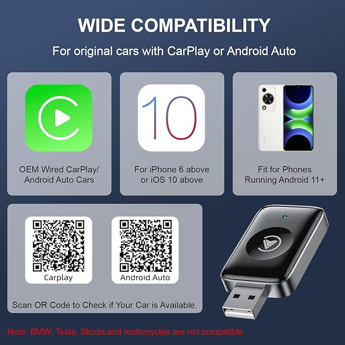 Wireless Carplay Adapter for iPhone & Android, Mini 2-in-1 CarPlay Dongle, Plug & Play, No Delay, Convert Wired to Wireless Bluetooth Apple Carplay, with USB&USB-C, for Apple iOS 10+ and 2016+ Cars