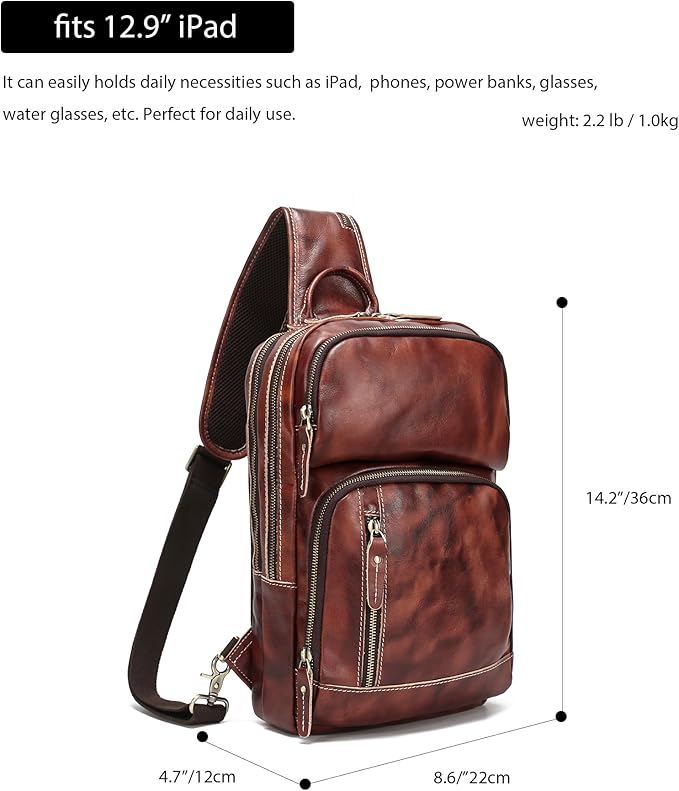 LANNSYNE Full Grain Leather Sling Bag For Men, Crossbody Bag fits 12.9" iPad Crossbody Chest Daypack