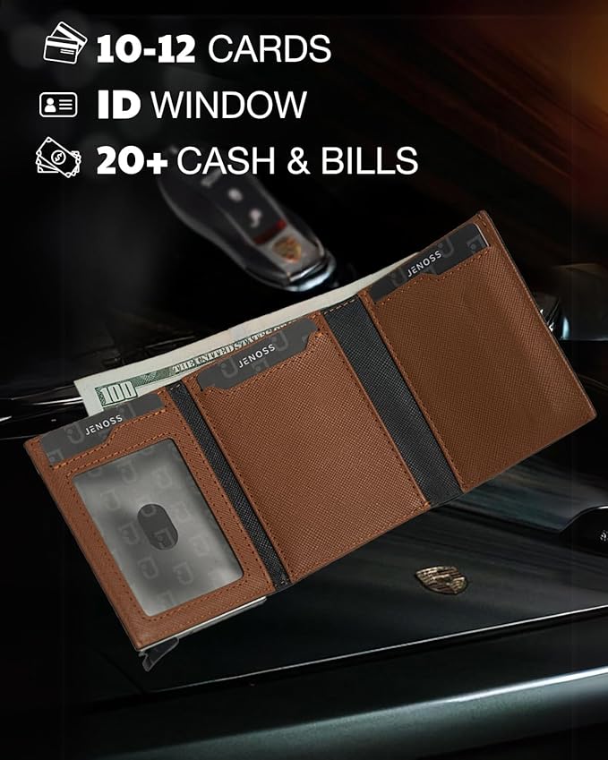 Jenoss Smart AirTag Wallet for Men: Full Grain Leather, Handcrafted, Silver Pop Up Case,Slim, RFID Blocking Credit Card Holder Compact, 12 Slot Organizers ID Cash Apple Air Tag Tracker (Black&Brown)