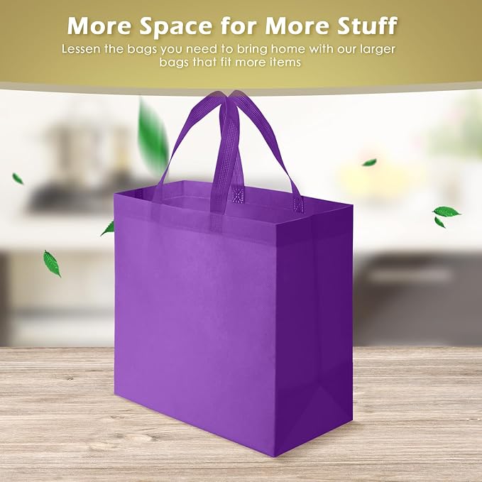 Reginary Reusable Totes Bags - 100 Pcs Non Woven Grocery Handle Bags for Shop Events & Retail Store(Purple)