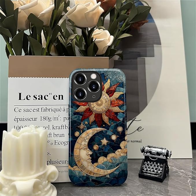 Case for iPhone 11 Pro Case,Sun Moon Stars Faux Stained Glass Design - Hybrid Dual Protection Silicone + Hard PC Shockproof Full Body Cover Slim Anti-Scratch Protective Case for Men Women