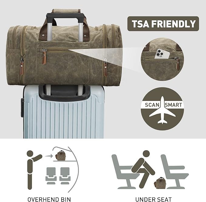 Wildroad Waxed Canvas Duffle Bag - 60L Waterproof Genuine Leather Weekender Overnight Travel Hand Bag