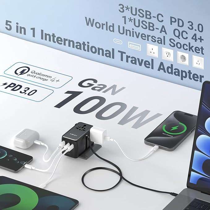 MINIX 100W Universal Travel Adapter with Retractable USB C Cable,GaN III International Power Adapter, Type-C*3 USB-A*1 Ports, AC Outlet, Worldwide Travel Charger for Laptops Tablets Phones Cameras