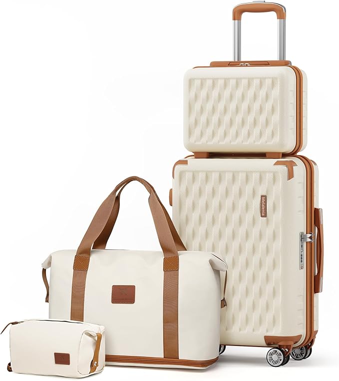 Melalenia Luggage Set 4 Piece Carry On, Hardside Suitcase with TSA Lock and Spinner Wheels, Carry-On Ailline Approved, Beige Brown