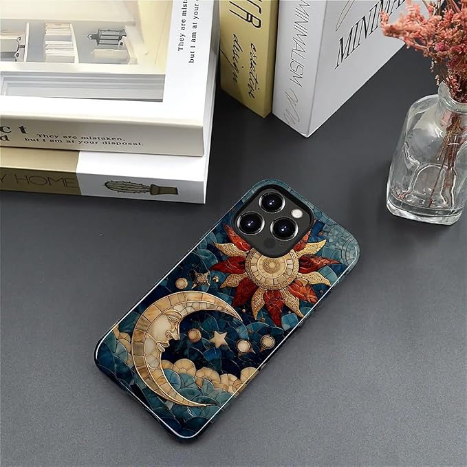 Case for iPhone 15 Pro Case,Sun Moon Stars Faux Stained Glass Design - Hybrid Dual Protection Silicone + Hard PC Shockproof Full Body Cover Slim Anti-Scratch Protective Case for Men Women
