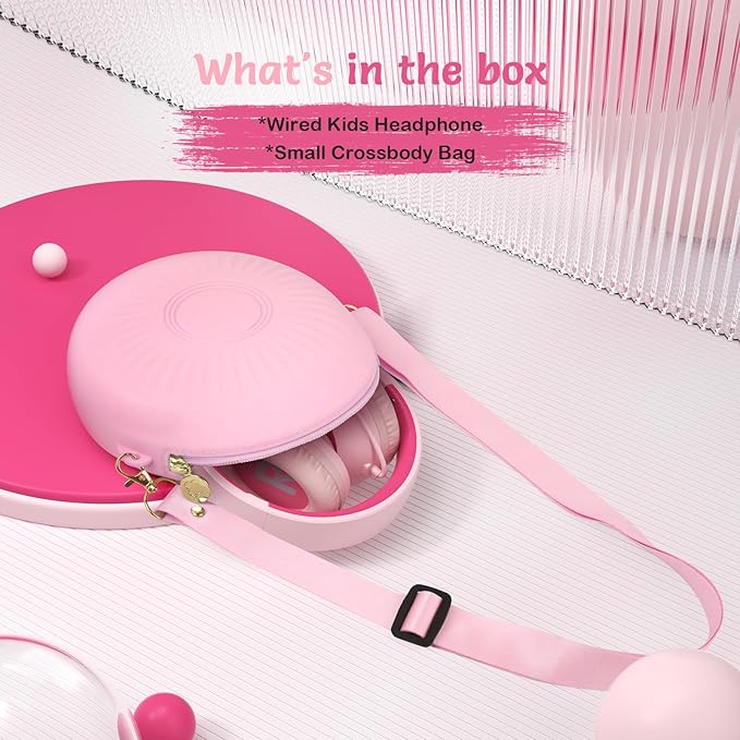Kids Wired Headphones with Microphone, Volume Limited to 85/94dB Pink Earphone for Girls, Foldable 3.5mm Jack Headset for School & Travel, Includes Portable Case