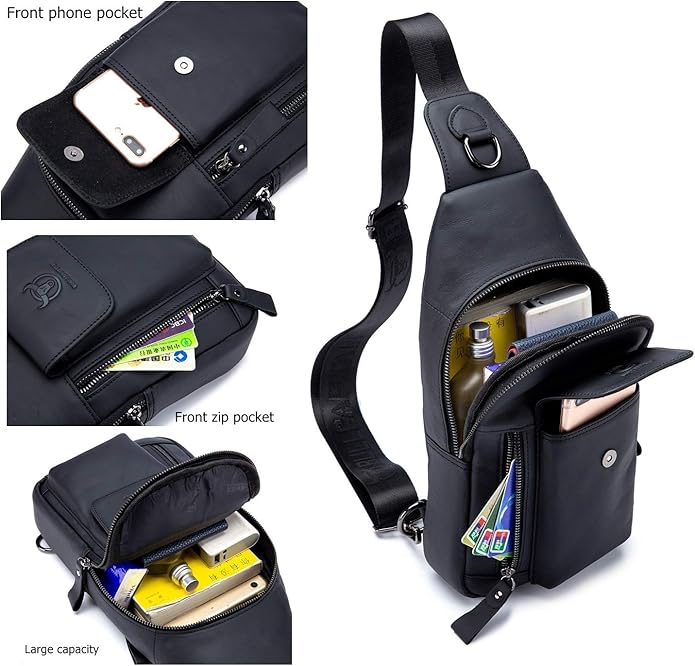 BULLCAPTAIN Genuine Leather Men Sling Bag Travel Crossbody Chest Bag Large Capacity Casual Hiking Daypack