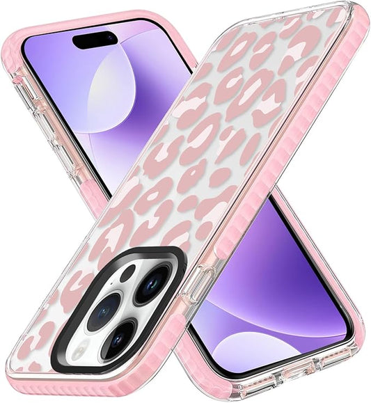 ZIYE Clear Case for iPhone 15 Pro Cover Pink Leopard Design Shockproof Soft TPU Bumper Protective Phone Case for Women Girls Girly Cute Phone Case