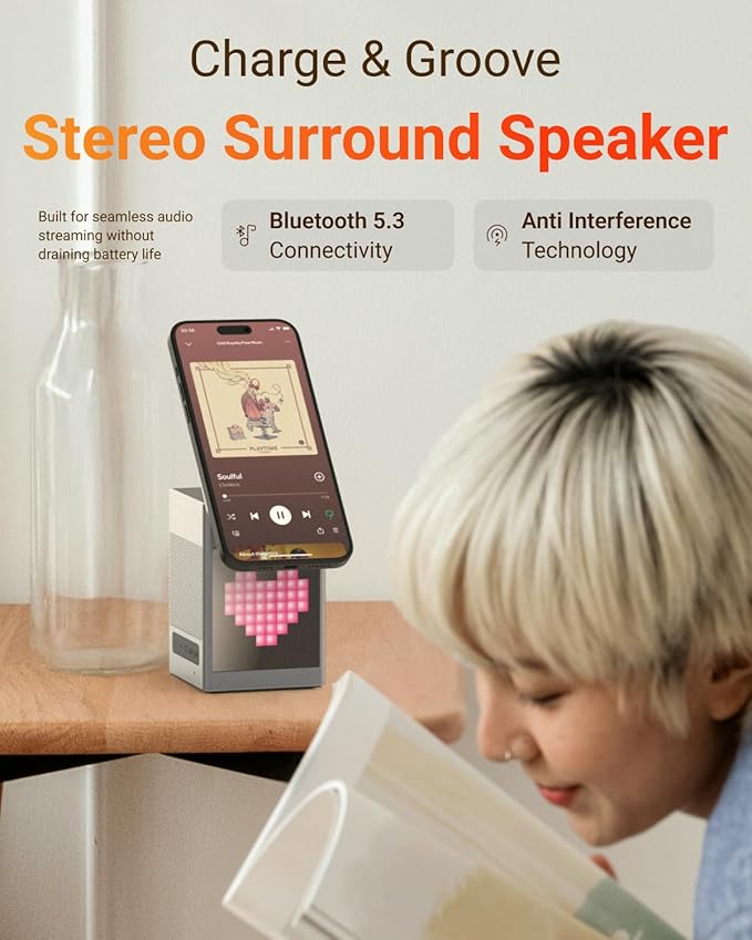 M.A.D LAB 15W Fast Charging Station - Pixel Animation Display Alarm Clock with Bluetooth Speaker, iPhone Charging Station for Apple Watch, AirPods, AirPods Pro 2 and Android Phones - Black Color