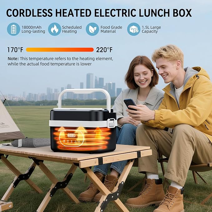 Cordless Electric Lunch Box for Adults, Rechargeable Portable Self-Heating Lunch Box Food Warmer, 1.5L Container for Outdoor, Work, Office, Camping, Travel (Black＆White)