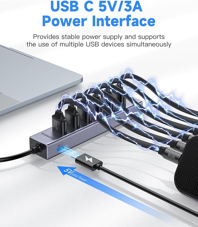 7 Port USB Hub USB Ethernet HUB with 3.9ft Long Cable for Laptop, USB Splitter with Gigabit Network Port and 5V/3A Power Port, Aluminum MultiPort Expander for Laptop, iMac, PC, Flash Drives