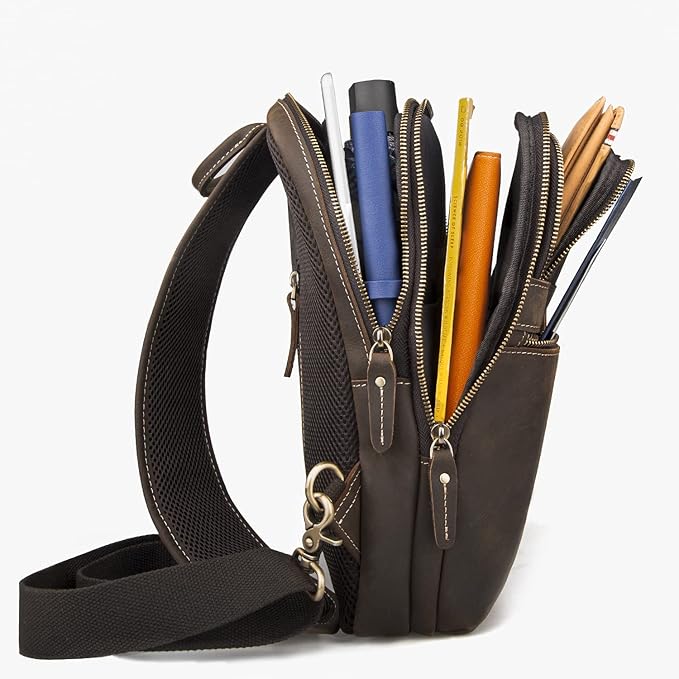 Vintage Full Grain Leather Sling Bag for Men, Crossbody Shoulder Chest Travel Hiking Daypacks Bag for 11 inch iPad, Brown