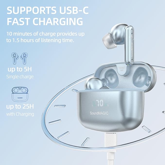 SoundMAGIC T80BT ANC True Wireless Earbuds with Hi-Res Audio,Hibrid Active Noise Cancelling, ENC Call Clarity, 20H Playtime, IPX5 Waterproof, Ultra-Comfy Fit for Sports/Work/Gaming (Blue)