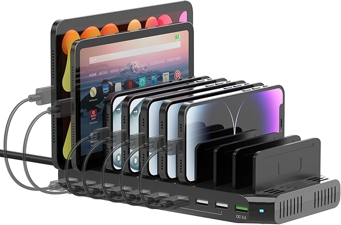 Multi USB Charging Station for Multiple Devices, 60W 10 Ports Multi Charger Station with QC3.0 Port & Adjustable Dividers Compatible with Tablets, Smartphones