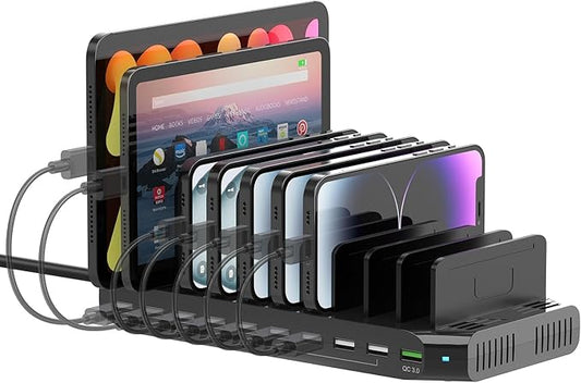 Multi USB Charging Station for Multiple Devices, 60W 10 Ports Multi Charger Station with QC3.0 Port & Adjustable Dividers Compatible with Tablets, Smartphones