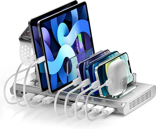 Unitek Multi iPad Charging Station - 10 Port USB Charging Station for Multiple Devices, Fast Charging Dock Cell Phone Organizer for iPhone, iPad, Android, Tablets - Silver