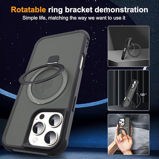 Compatible with iPhone 16 Pro Max Case with Invisible Magnetic O-Ring Stand Military-Grade Translucent Case for iPhone 16 ProMax 6.9" [Compatible with Mag-Safe][Great Grip Feeling], Black