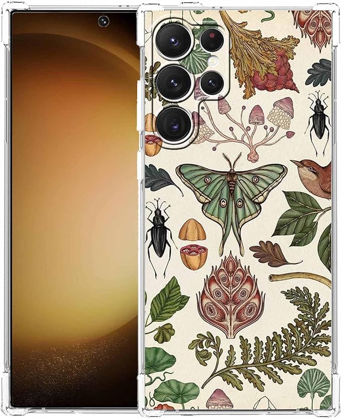 Case for Samsung Galaxy S23 Ultra with Botanical Art Design,Aesthetic Vintage Cottagecore Mushroom Moth Pattern,Trendy Soft TPU Bumper Phone Cover,6.8"(Moth,S23U)