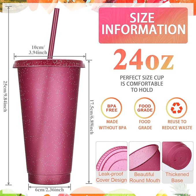 Honeydak 60 Pack Tumbler with Straw and Lid Bulk Glitter Plastic Cups Water Bottle Iced Coffee Travel Mug Reusable Party Favor Cups for Birthdays travel 24-27 oz (Bright Colors)