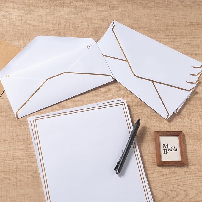 50 Pack Stationery Set with Gold Border, #10 Business Envelopes and 8.5x11 Paper Sheets and Stickers for Writing Letters (White, 8.5x11 Inches)