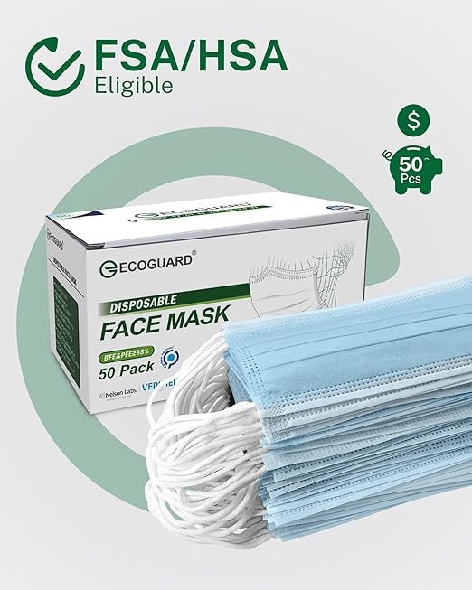 Disposable Face Masks Made in USA, 4 Ply for Families, Students, Breathable All-Day Wear & Safety, FSA HSA Eligible, ASTM Level 3 Medical Grade (50 Pack, Light Blue)