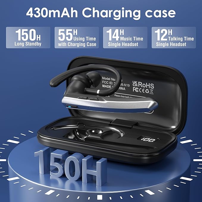 Bluetooth Headset with Microphone, Wireless Earpiece with Charging Case for Cellphones, PC, Single Ear Headset with Mute for Trucker Driver, Remote Work, Skype, Zoom, Teams, Call Center
