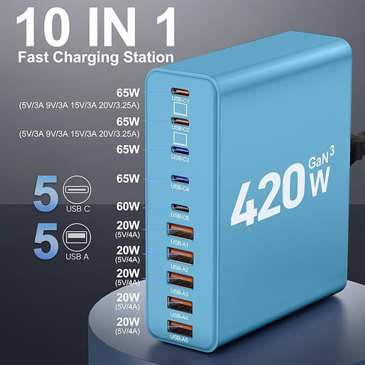 420W USB C Charger Block,10-Port Charging Station GaN Fast Charging Type C & USB A Wall Charger Adapter for MacBook Pro/Air,iPhone,iPad,Dell XPS,Samsung Galaxy(Blue)