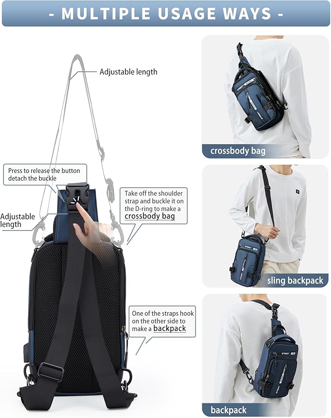 Blue Sling Crossbody Backpack Shoulder Messenger Bag for Men, Mini Anti Theft One Strap Motorcycle Backpack Sling Tactical Chest Bag for Hiking Walking Biking Travel Cycling