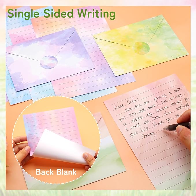 160 Pcs Stationery Paper Set Including 50 Matching Envelopes 50 One Side Stationery Writing Papers 60 Round Dot Sticker for School Office Supplies,10 Designs, 5.5 x 8.25 Inch(Watercolor Wash)