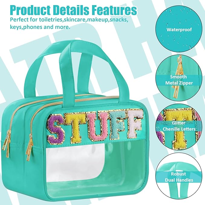 Chenille Letter Clear Makeup Bags, Stuff Bag for Travel, Preppy Patch Nylon Cosmetic Bag with Handles and Zipper, Waterproof Large Clear Travel Toiletry Bag Storage Bag for Women