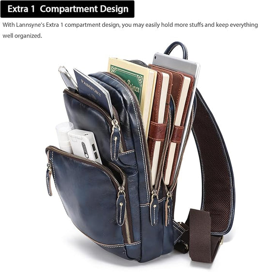 LANNSYNE Full Grain Leather Sling Bag For Men, Crossbody Bag fits 12.9" iPad Crossbody Chest Daypack