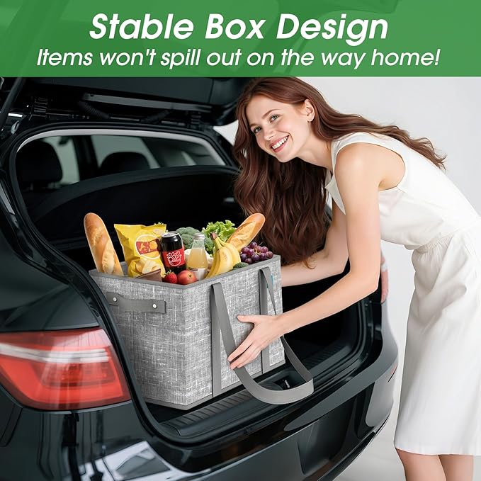 Fab totes Reusable Grocery Bags, Large Foldable Shopping Tote Bags with Reinforced Handles & Hard Bottom,Water Resistant Grocery Bags for kitchen,Picnic,4 Pack, Grey