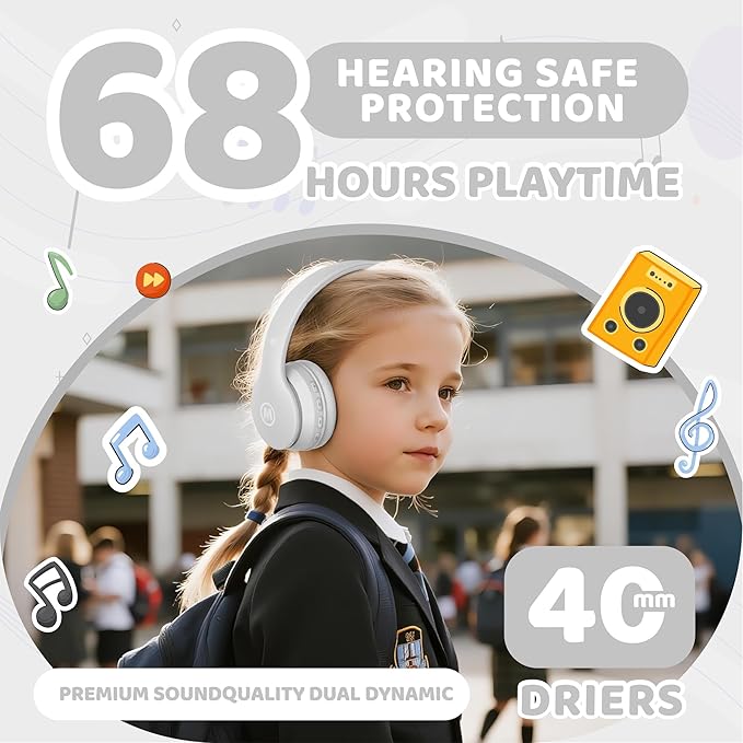 Headphones Kids Bluetooth 5.4 Wireless Play Time 68H Safe Volume Limit 85/94dB Over-Ear Foldable Headset,Fast Charging,with Aux Cord Built-in Mic for Toddler Child Pad Study Tablet White