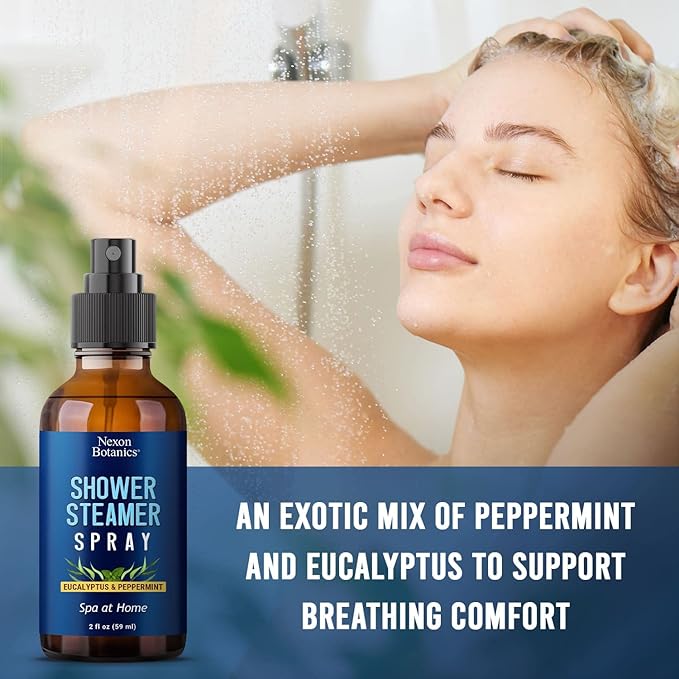 Eucalyptus & Peppermint Shower Steamer Spray 2 fl oz - Aromatherapy Mist for Spa with Pure, Natural Essential Oils - Refreshing Aroma for Clear Breathing & Mood Enhancement - Nexon Botanics