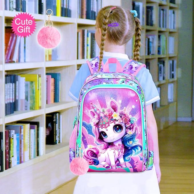 16" Unicorn Backpack for Girls, 3Pcs Kids School Backpacks with Lunch Box, Bookbag for Elementary Preschool Kindergarten(Pink)