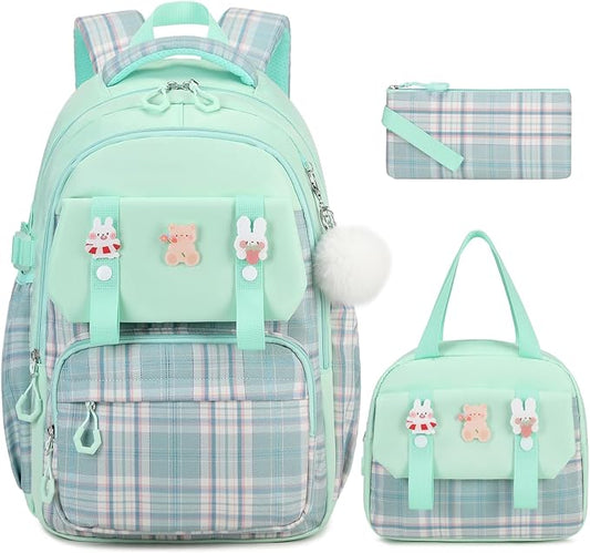 Backpack for Girls, 3PCS Kids Girls Backpacks with Lunch Bag Pencil Case for School, Cute Bookbag Teens Backpack for Kindergarten Preschool Elementary Middle School, Green