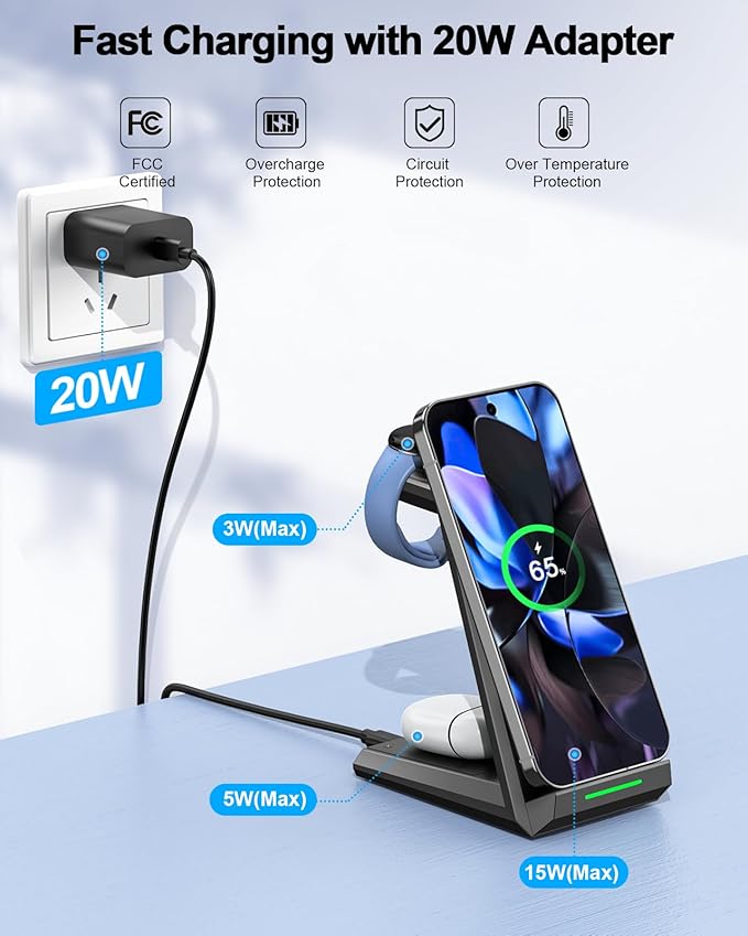 NANAMI Wireless Charger for Google - 3 in 1 Wireless Charging Station Fast Charger Stand Dock for Pixel 10/10 Pro/9/Fold/8/7,Buds Pro 2/Pro, Watch 3/2,Fitbit Versa 4/Sense 2(Not for Pixel Watch 1/4)