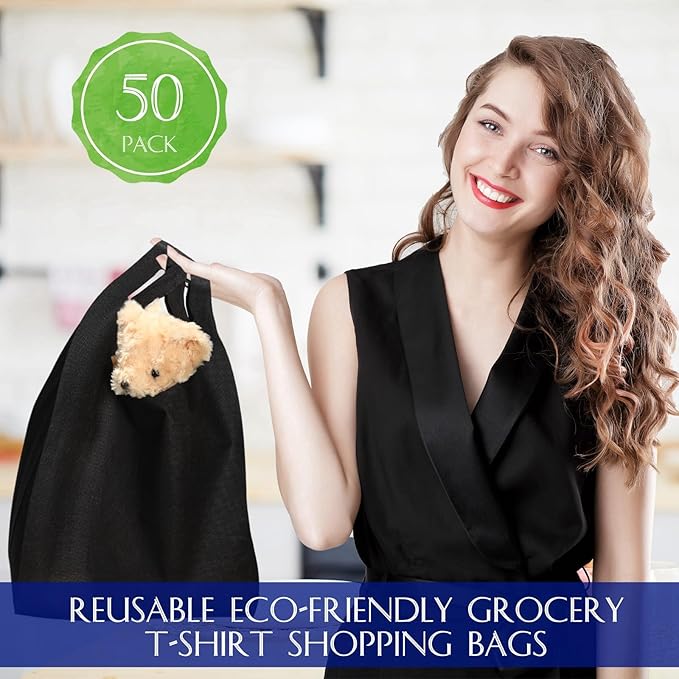 Windyun Large Grocery T-shirt Bags Bulk Reusable Non Woven Shopping Bag Foldable Gift Tote with Handle, 21x11x6 Inch