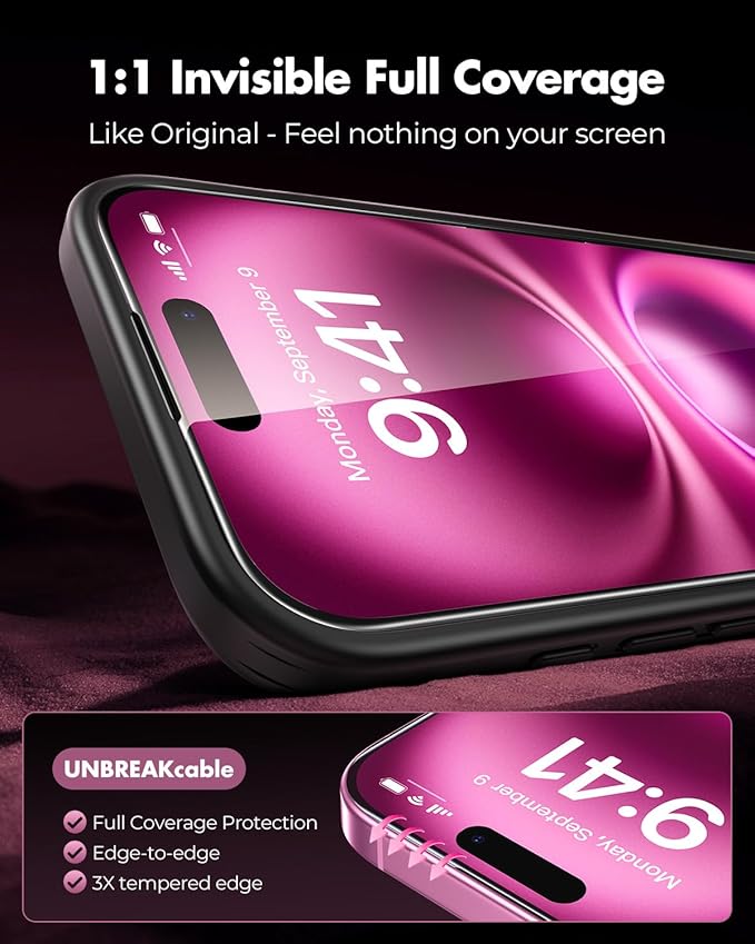 UNBREAKcable 3-Pack Screen Protector for iPhone 16 Plus Tempered Glass - [One-Pull Perfection] [Auto Dust-Elimination] [9H+ Hardness] [99.99% HD Clear] Full Coverage for iPhone 6.7 inch