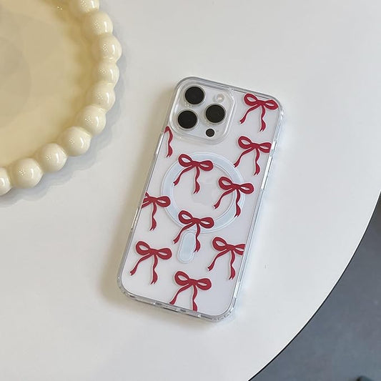 UEEBAI Magnetic for iPhone 13 Pro Max Case, Burgundy Bow Case Compatible with MagSafe, Wireless Slim Clear Ribbon Phone Cover Anti-Yellowing Shockproof Protective Cover for Women Girl - Burgundy