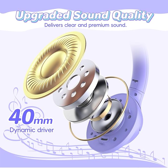 Kids Bluetooth Headphones, 85H Playtime Wireless Headphones for Kids, Colorful LED Lights, 85/94dB Safe Volume Limit, Bluetooth 5.4 Built-in Mic Toddler Headset for Tablet/Airplane/Travel (Purple)