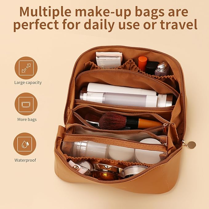 3 Pcs Travel Makeup Bag Portable Large Capacity Cosmetic Bags for Women Open Flat Makeup Case Organizer Bag Set of 3 Waterproof PU Leather Toiletry Bags with Divider and Handle (Brown, Medium)