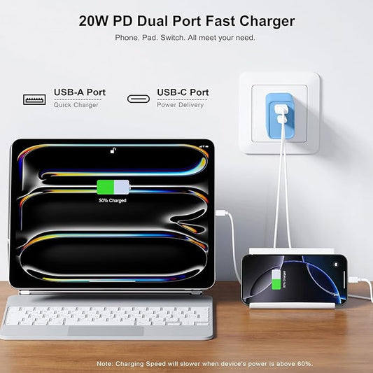 3 Pack Dual Port USB C Charger Block, 20W Power Delivery + QC3.0 USB A Double Port Fast Charging Brick for iPhone 16 15 14 13 12 Pro Max Plus SE X XS Cube, Quick Charge Plug Adapter (Blue)